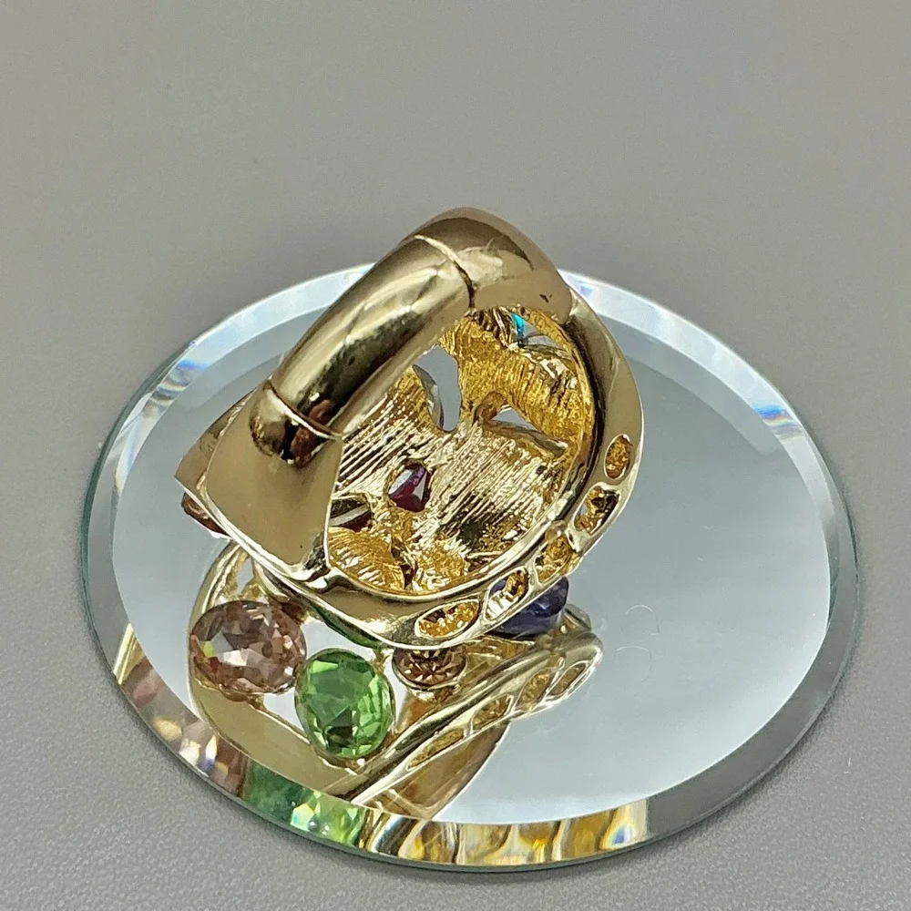 Ring Women Gold Tone Multi Color Crystal Bold Statement Stretch Band Size 8